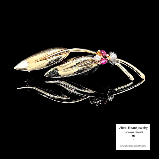Vintage 14K Diamond & Ruby Leaf Pin Or Brooch 3.8 Grams