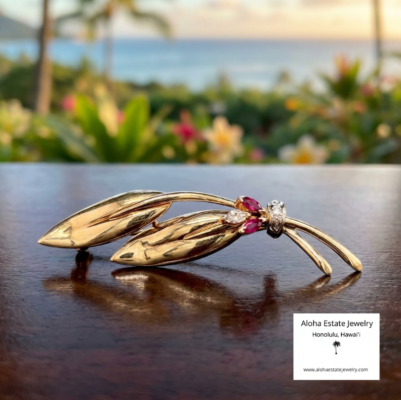 Vintage 14K Diamond & Ruby Leaf Pin Or Brooch 6.7 Grams