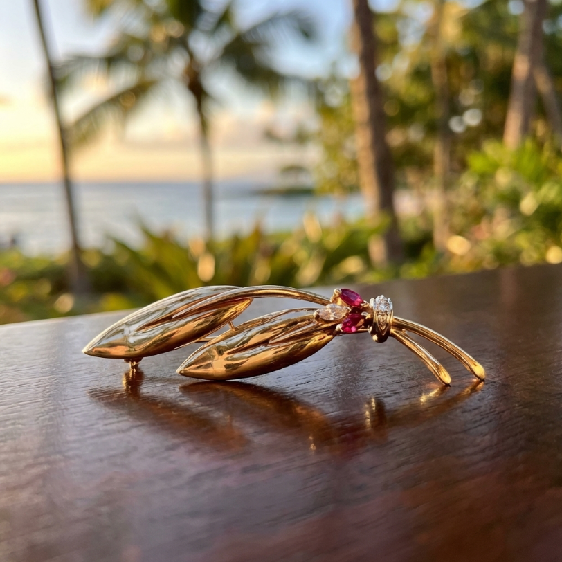 Vintage 14K Diamond & Ruby Leaf Pin Or Brooch 6.7 Grams
