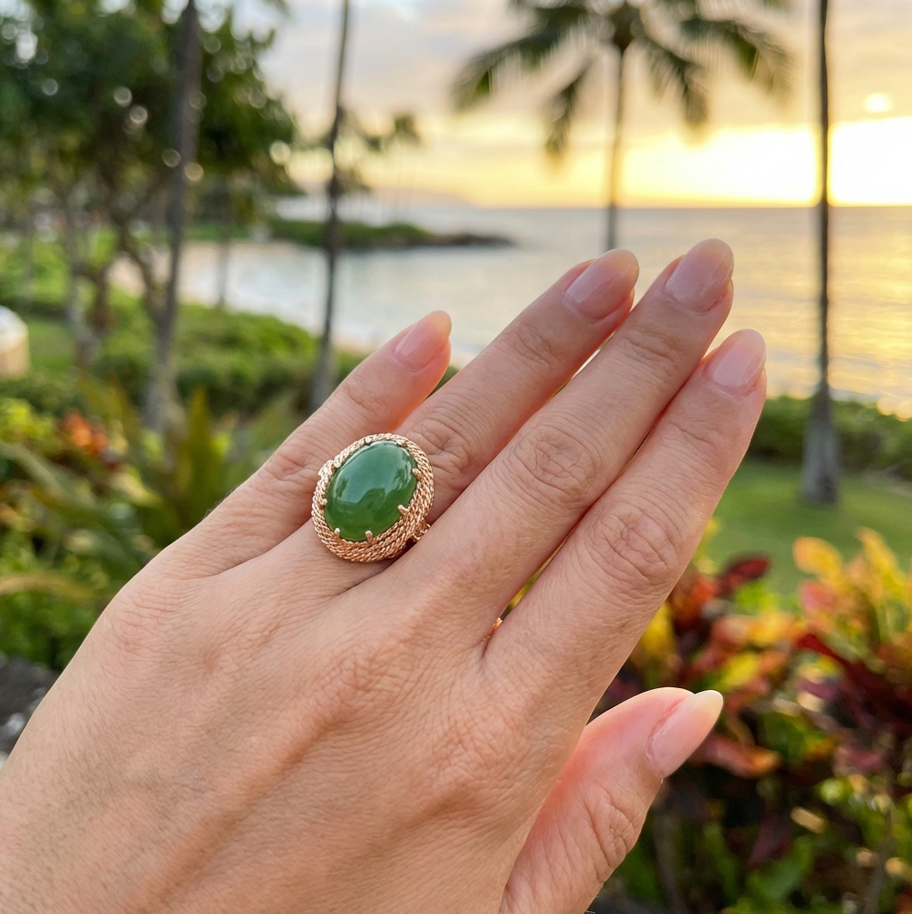 Vintage 8-Carat Olive Green Jade Ring With 10K Rope Filagree