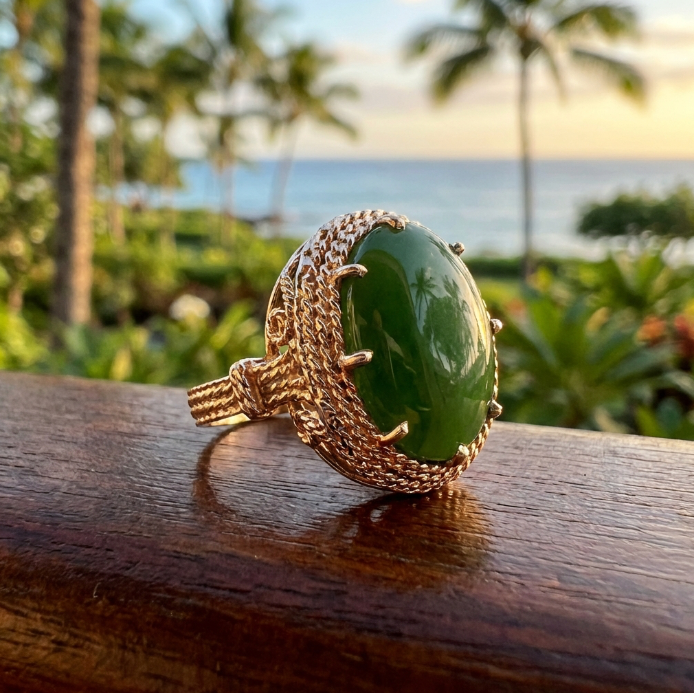 Vintage 8-Carat Olive Green Jade Ring With 10K Rope Filagree