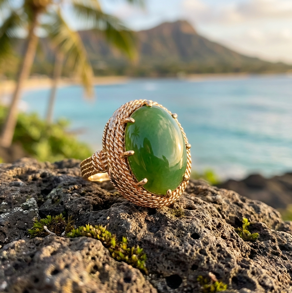 Vintage 8-Carat Olive Green Jade Ring With 10K Rope Filagree