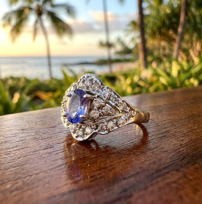 Vintage 14K Tanzanite and Diamond Deco-Styled Ring