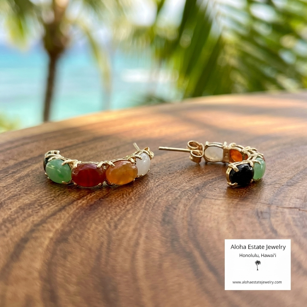 Vintage Woo Leung Li Hong Kong Half-Hoop Jade Earrings