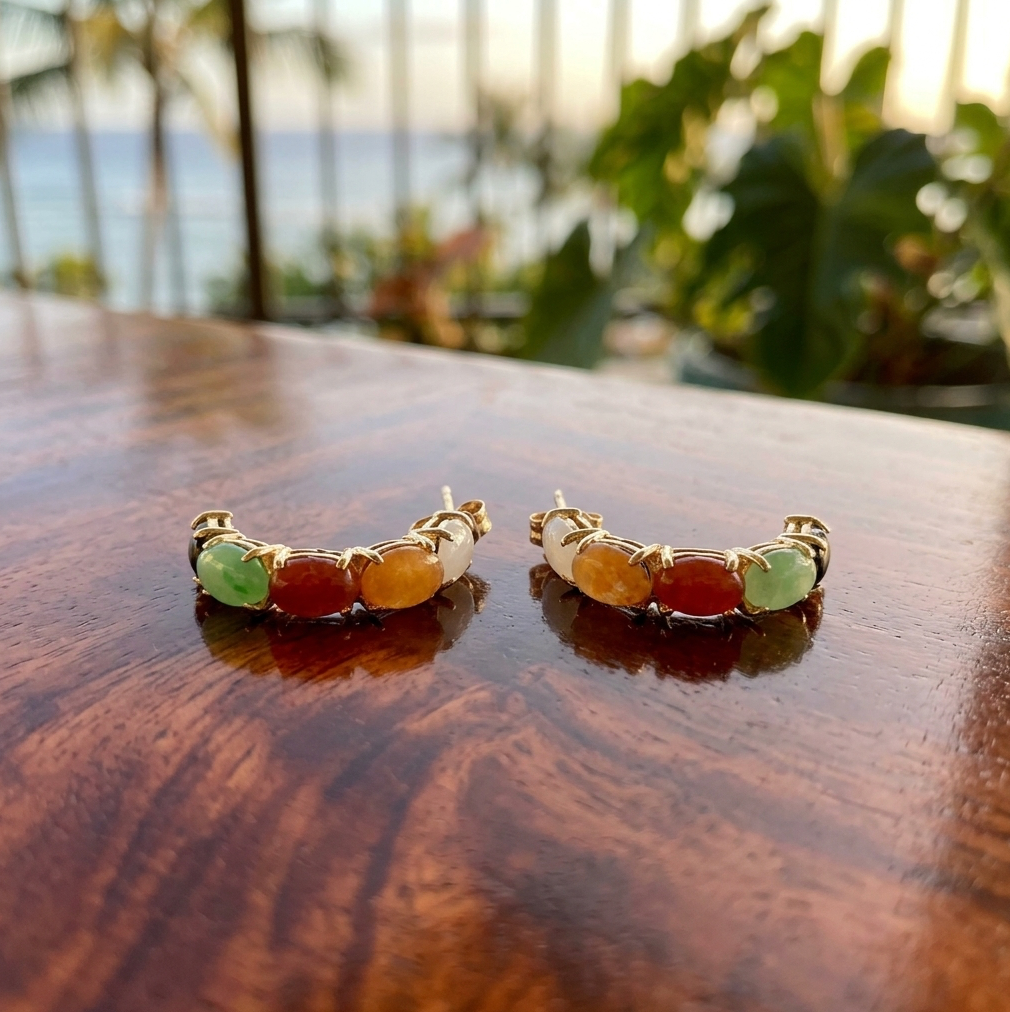 Vintage Woo Leung Li Hong Kong Half-Hoop Jade Earrings