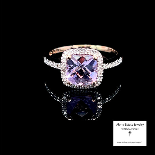 Estate 14K Checkerboard Cut Amethyst With Diamonds