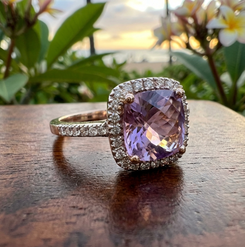 Estate 14K Checkerboard Cut Amethyst With Diamonds