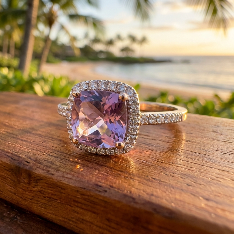 Estate 14K Checkerboard Cut Amethyst With Diamonds