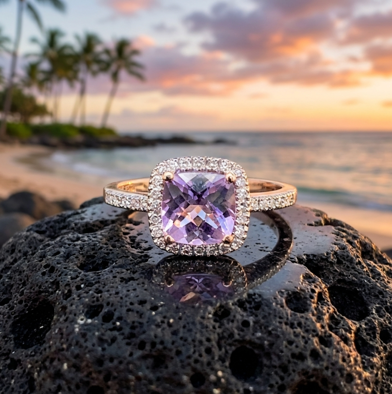 Estate 14K Checkerboard Cut Amethyst With Diamonds