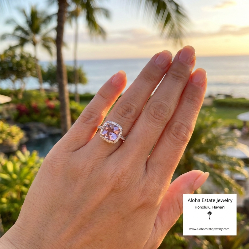 Estate 14K Checkerboard Cut Amethyst With Diamonds