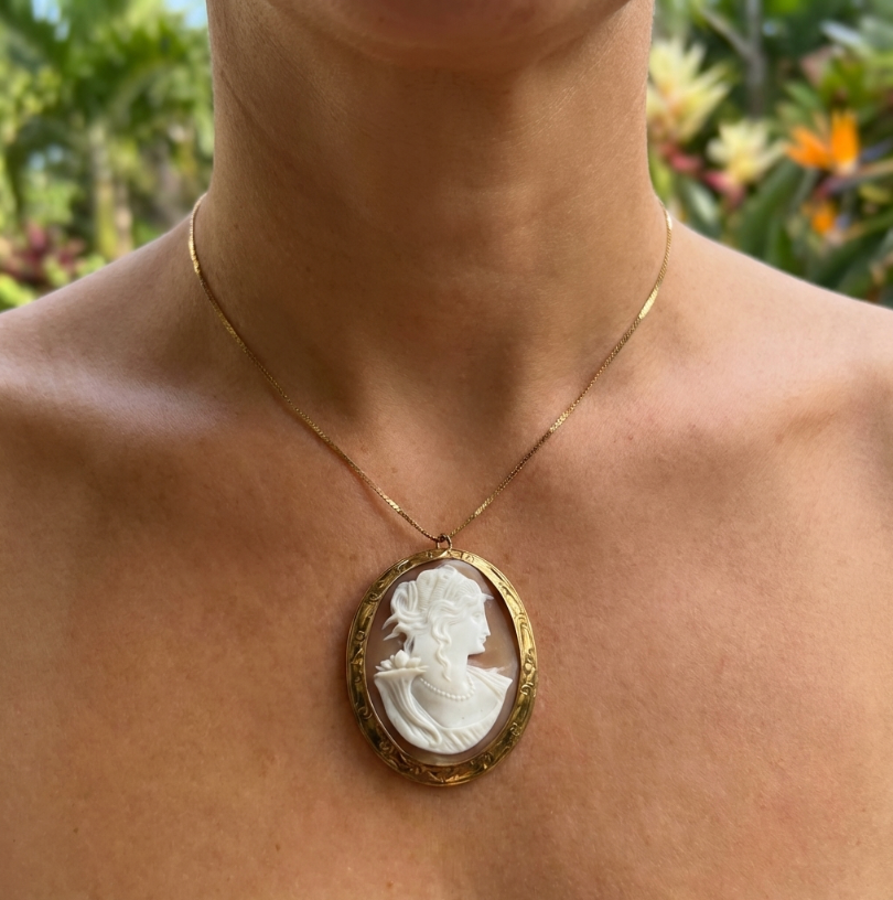 Antique Large Italian Hand Carved Cameo In 10K Yellow Gold