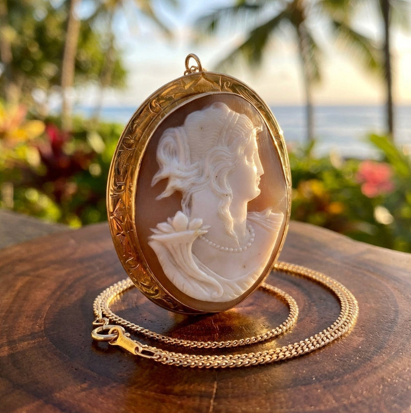 Antique Large Italian Hand Carved Cameo In 10K Yellow Gold