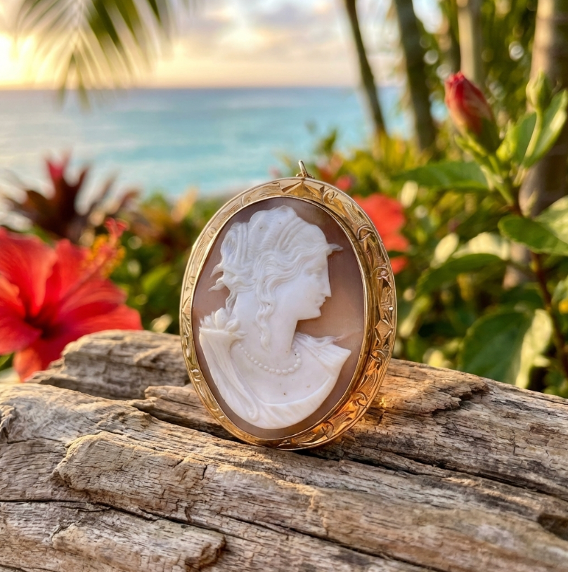 Antique Large Italian Hand Carved Cameo In 10K Yellow Gold