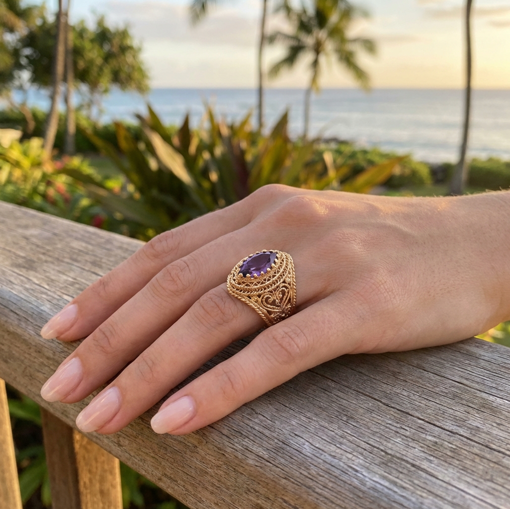 Vintage Marquise Amethyst Statement Ring in 14K