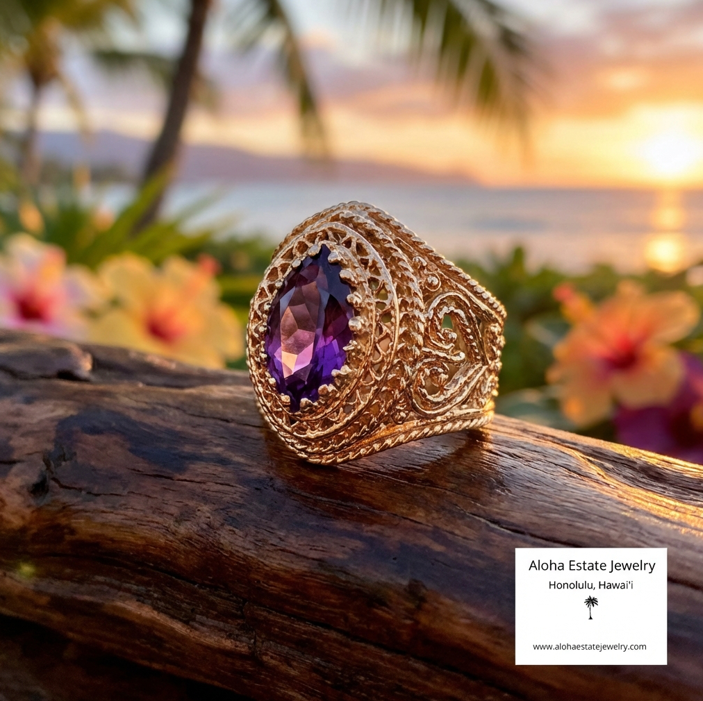 Vintage Marquise Amethyst Statement Ring in 14K