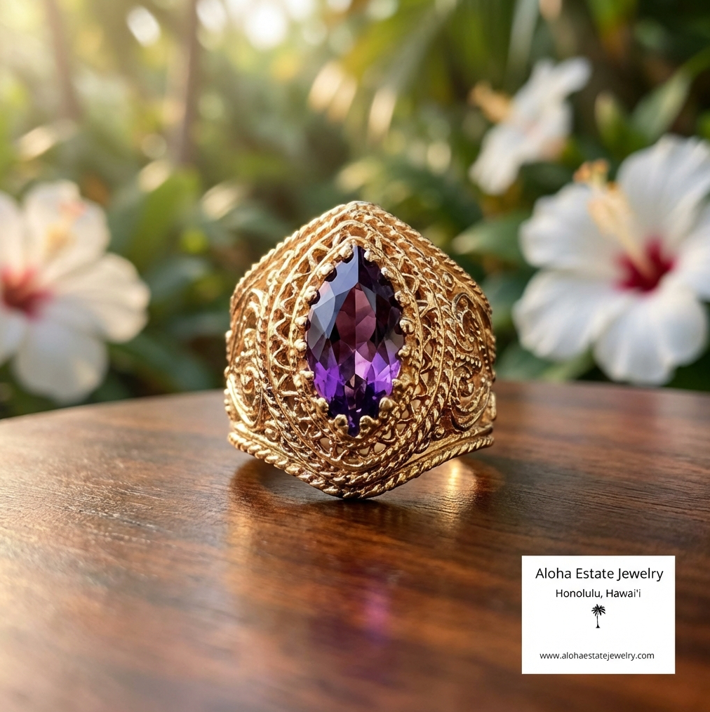 Vintage Marquise Amethyst Statement Ring in 14K