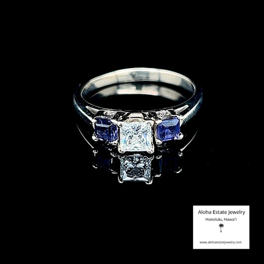 Princess Cut Diamond and Iolite Ring in 14k White Gold