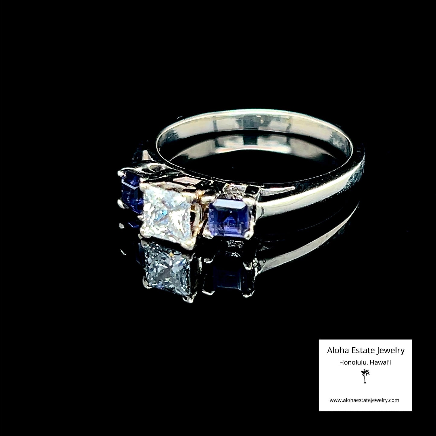 Princess Cut Diamond and Iolite Ring in 14k White Gold