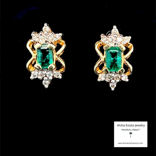 Emerald & Diamond Earrings 14K Gold Vintage 1970s