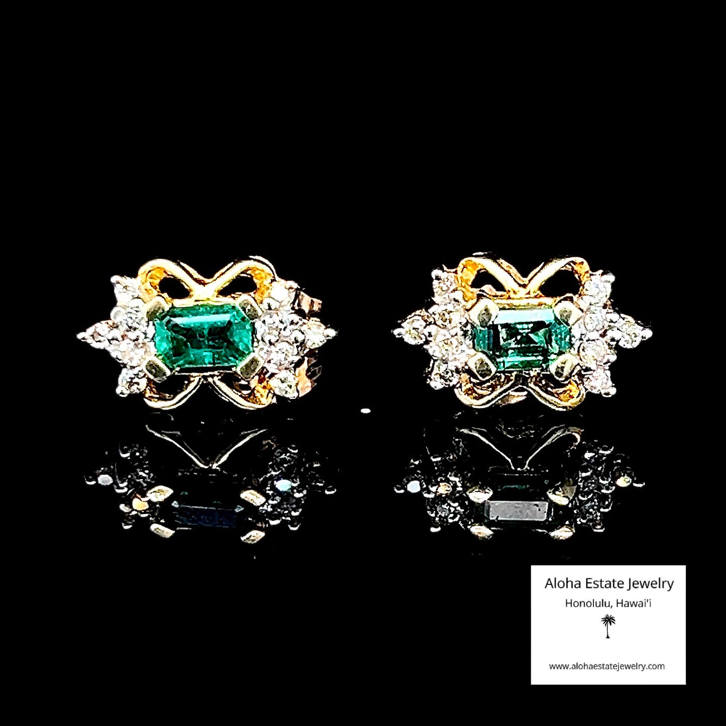 Emerald & Diamond Earrings 14K Gold Vintage 1970s