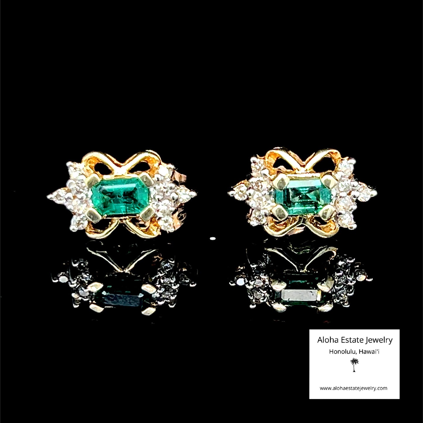Emerald & Diamond Earrings 14K Gold Vintage 1970s