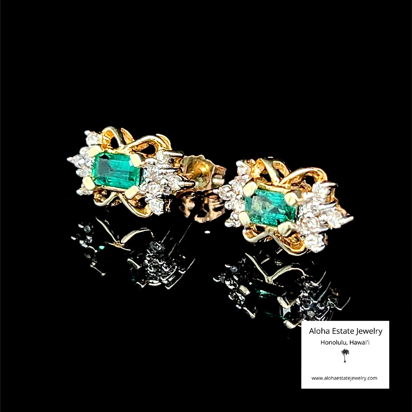 Emerald & Diamond Earrings 14K Gold Vintage 1970s