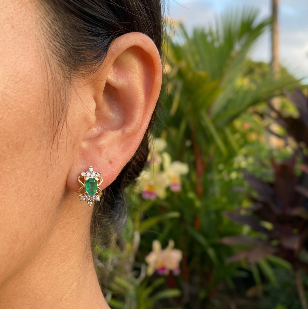 Emerald & Diamond Earrings 14K Gold Vintage 1970s