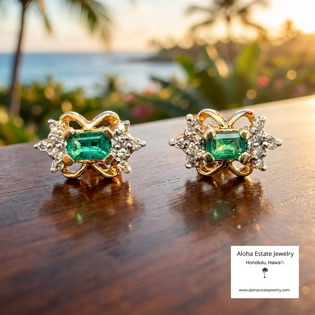 Emerald & Diamond Earrings 14K Gold Vintage 1970s