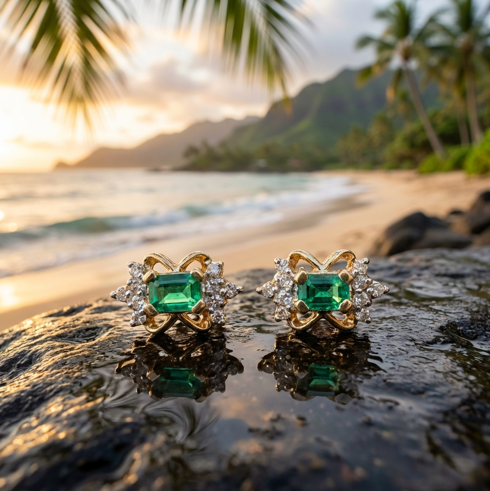 Emerald & Diamond Earrings 14K Gold Vintage 1970s