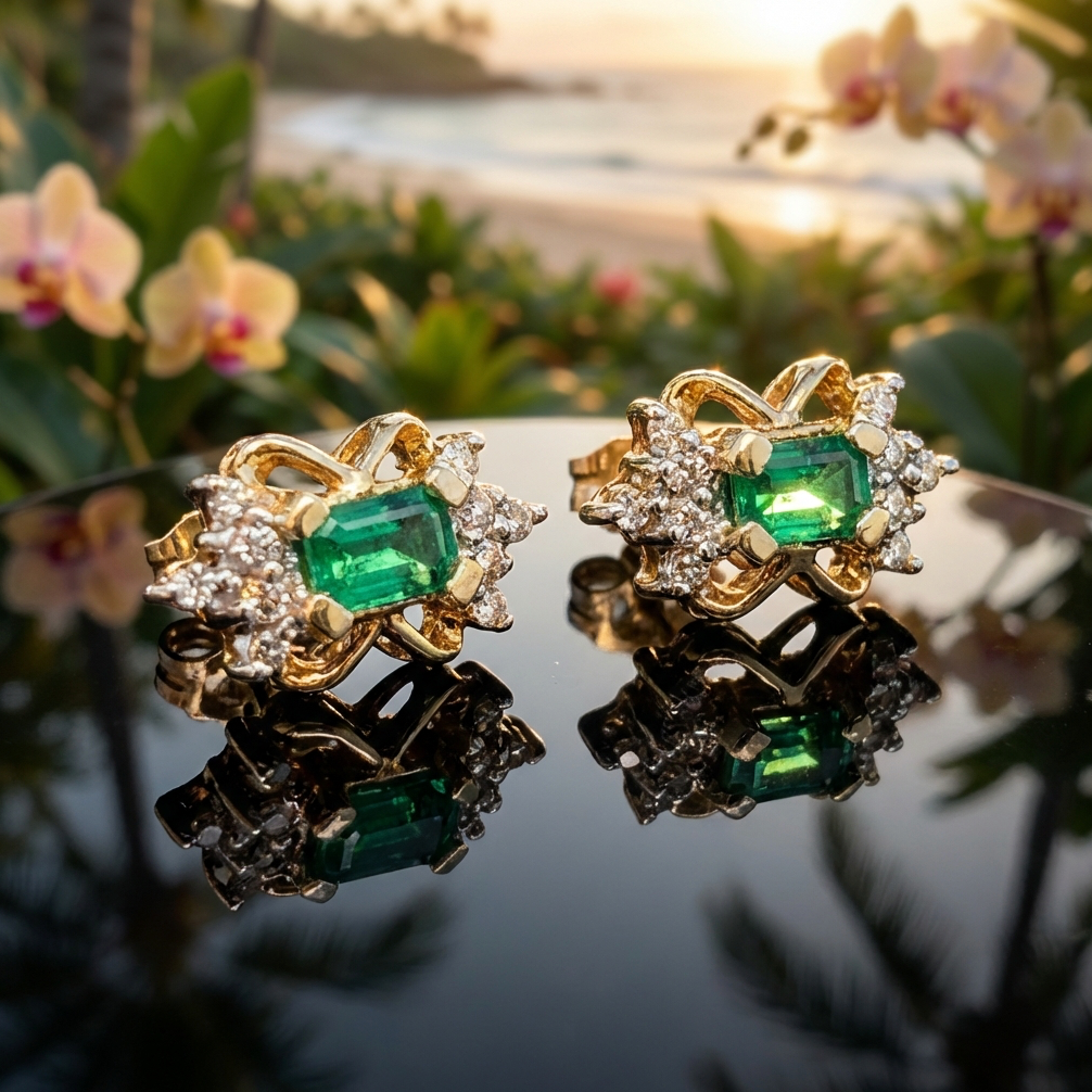 Emerald & Diamond Earrings 14K Gold Vintage 1970s