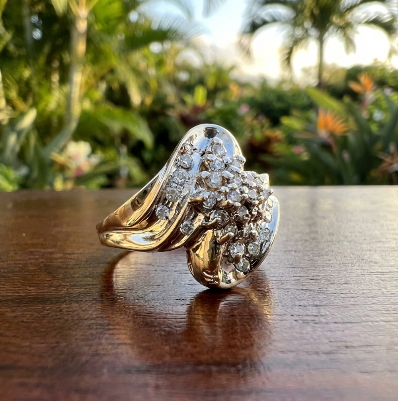 Vintage 10K Gold Ring With 1/2-Carat Cluster of Diamonds