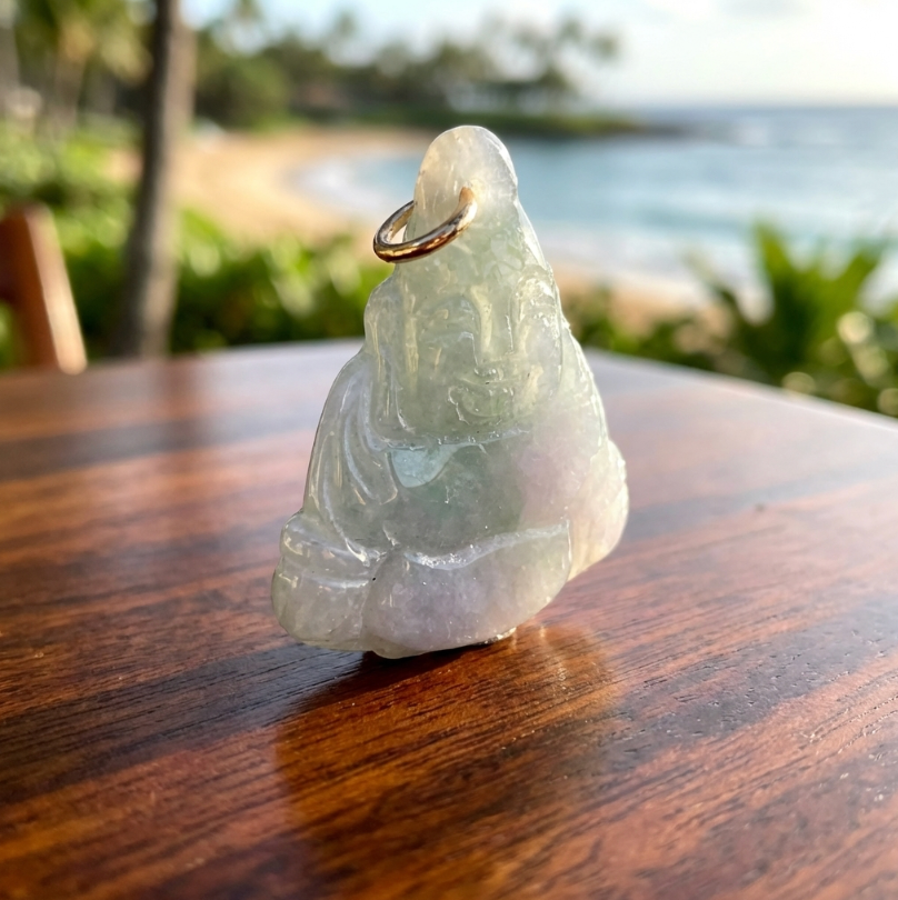 Small Jadeite Pendant of Smiling Buddha with 14k Jump-Ring