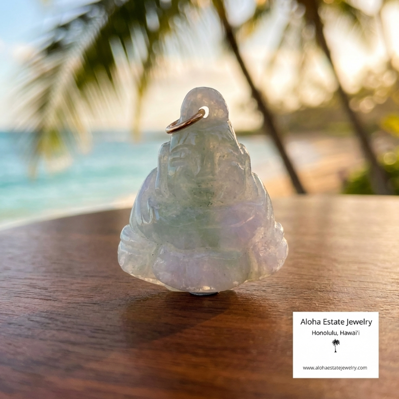 Small Jadeite Pendant of Smiling Buddha with 14k Jump-Ring