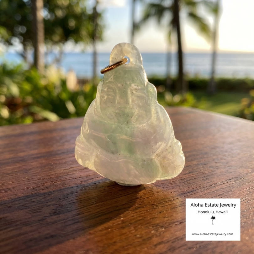 Small Jadeite Pendant of Smiling Buddha with 14k Jump-Ring