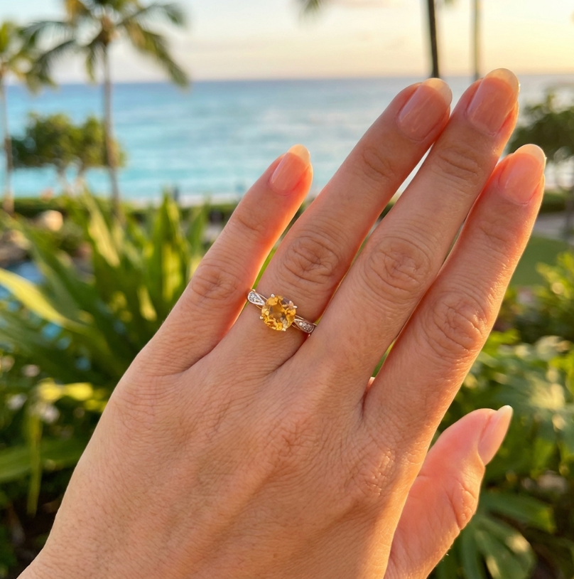 Vintage Checkerboard Cut Diamond-Accented Citrine Ring