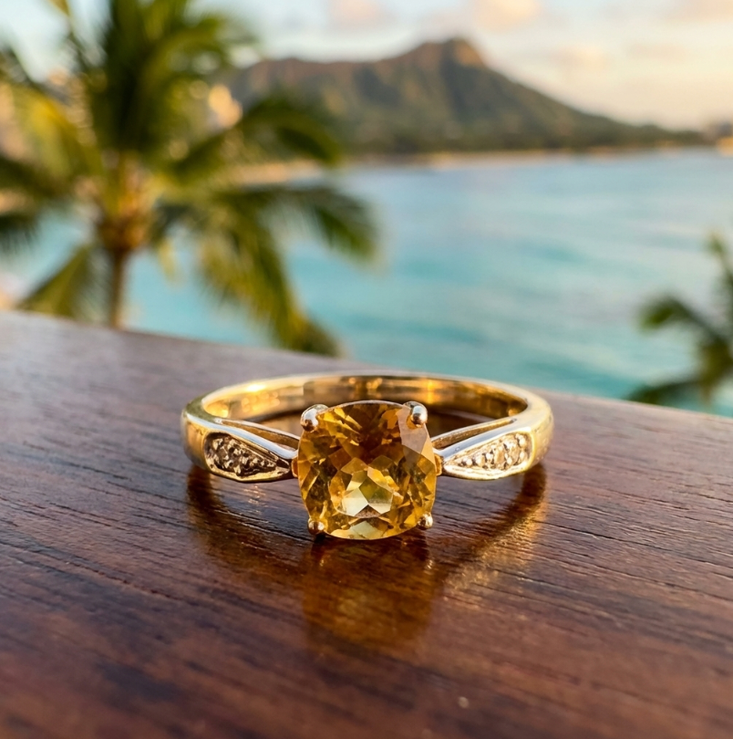 Vintage Checkerboard Cut Diamond-Accented Citrine Ring