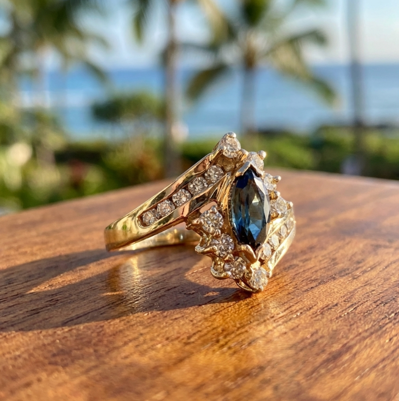 Vintage Blue Sapphire and Diamond Ring in 14K Setting