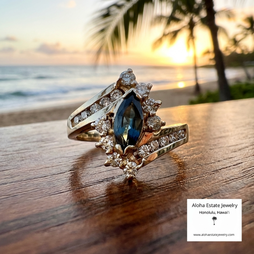 Vintage Blue Sapphire and Diamond Ring in 14K Setting