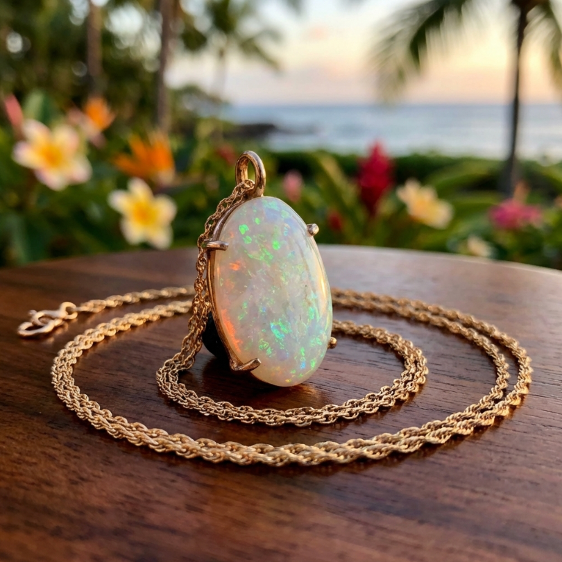 Australian Solid Opal Pendant Necklace Framed in 14K Gold