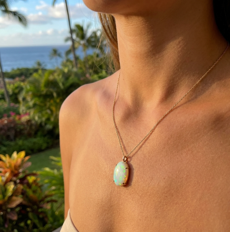 Australian Solid Opal Pendant Necklace Framed in 14K Gold