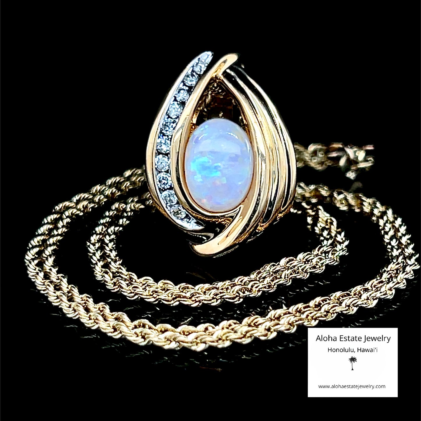 Solid Vintage Australian Opal & Diamond Swirl Pendant in 14K