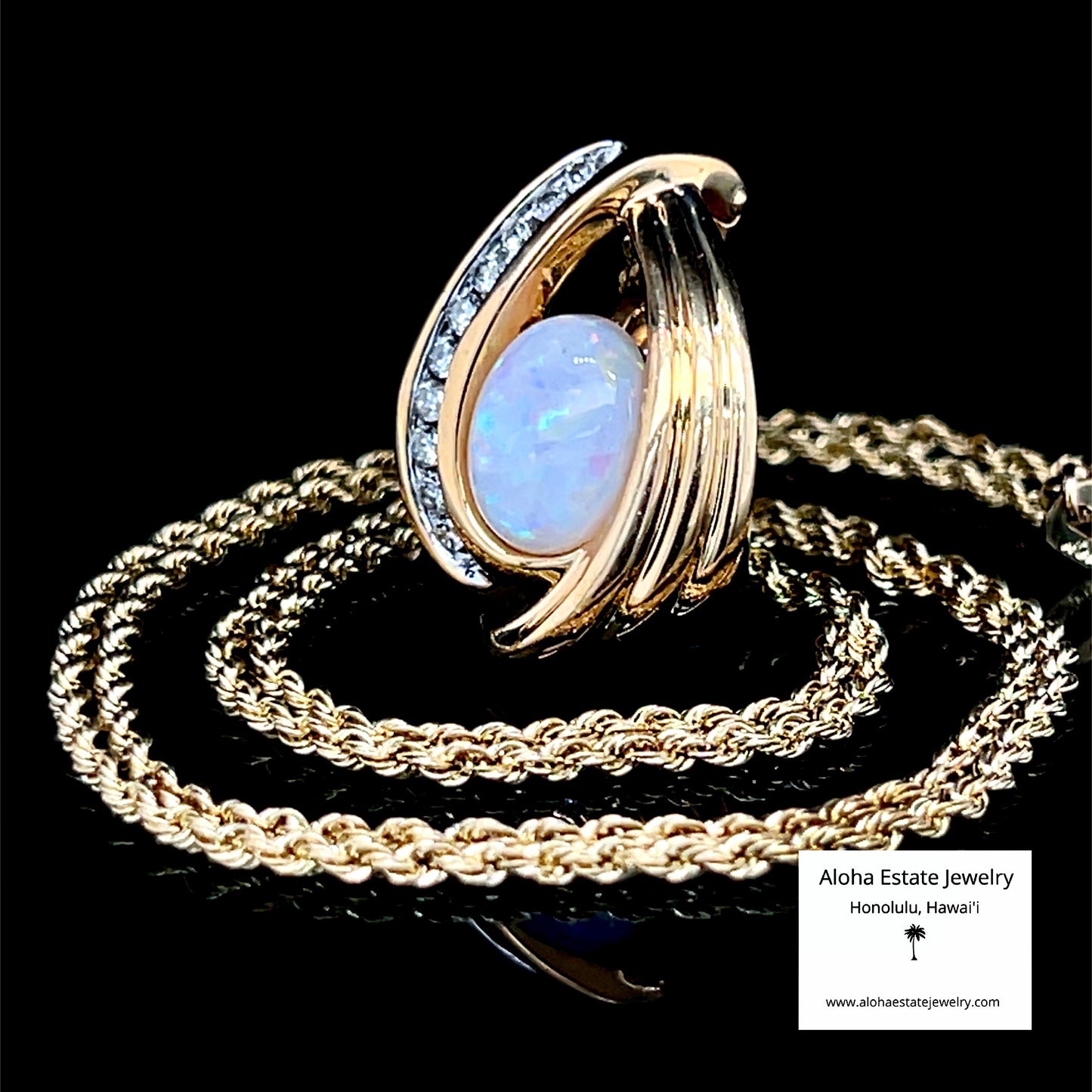 Solid Vintage Australian Opal & Diamond Swirl Pendant in 14K