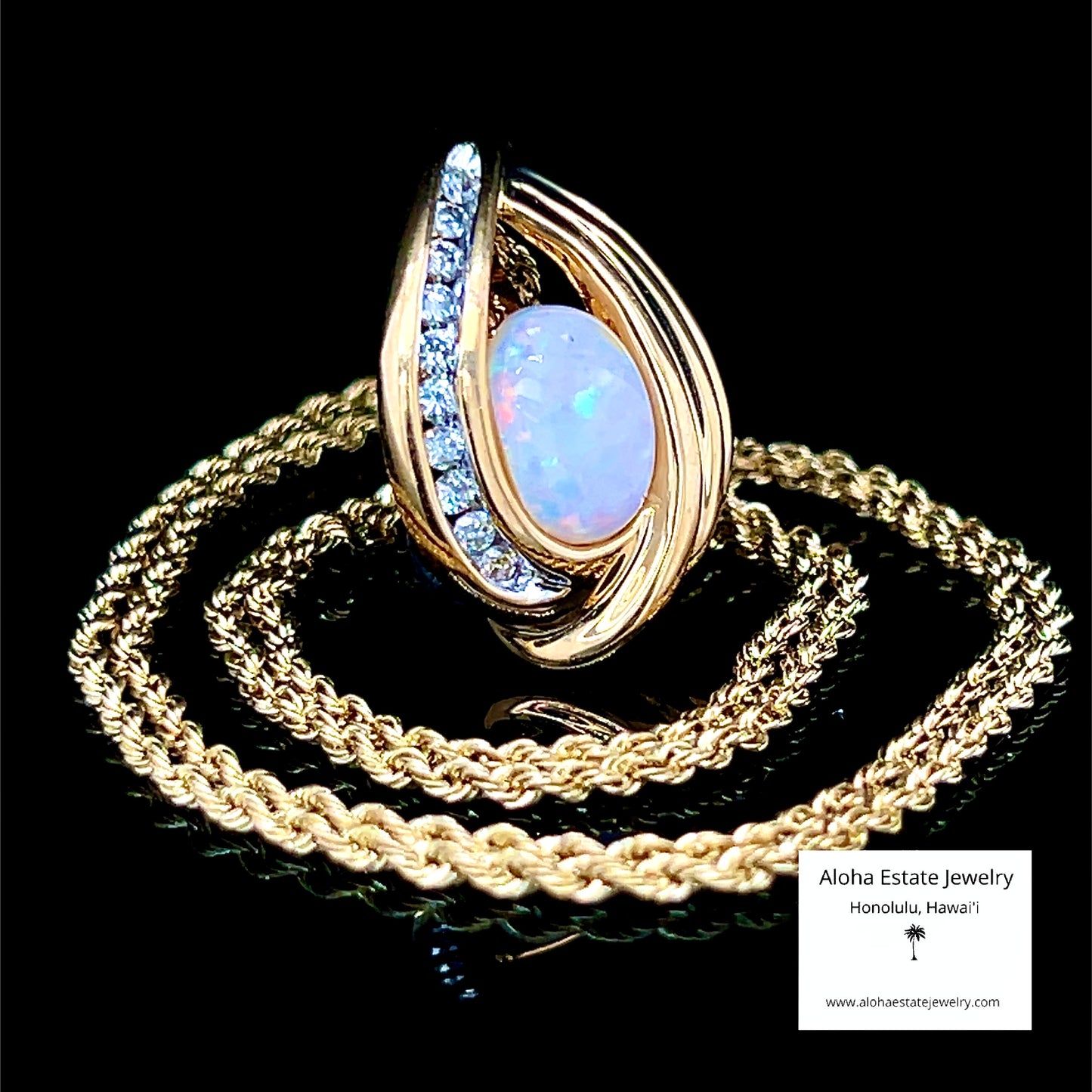 Solid Vintage Australian Opal & Diamond Swirl Pendant in 14K