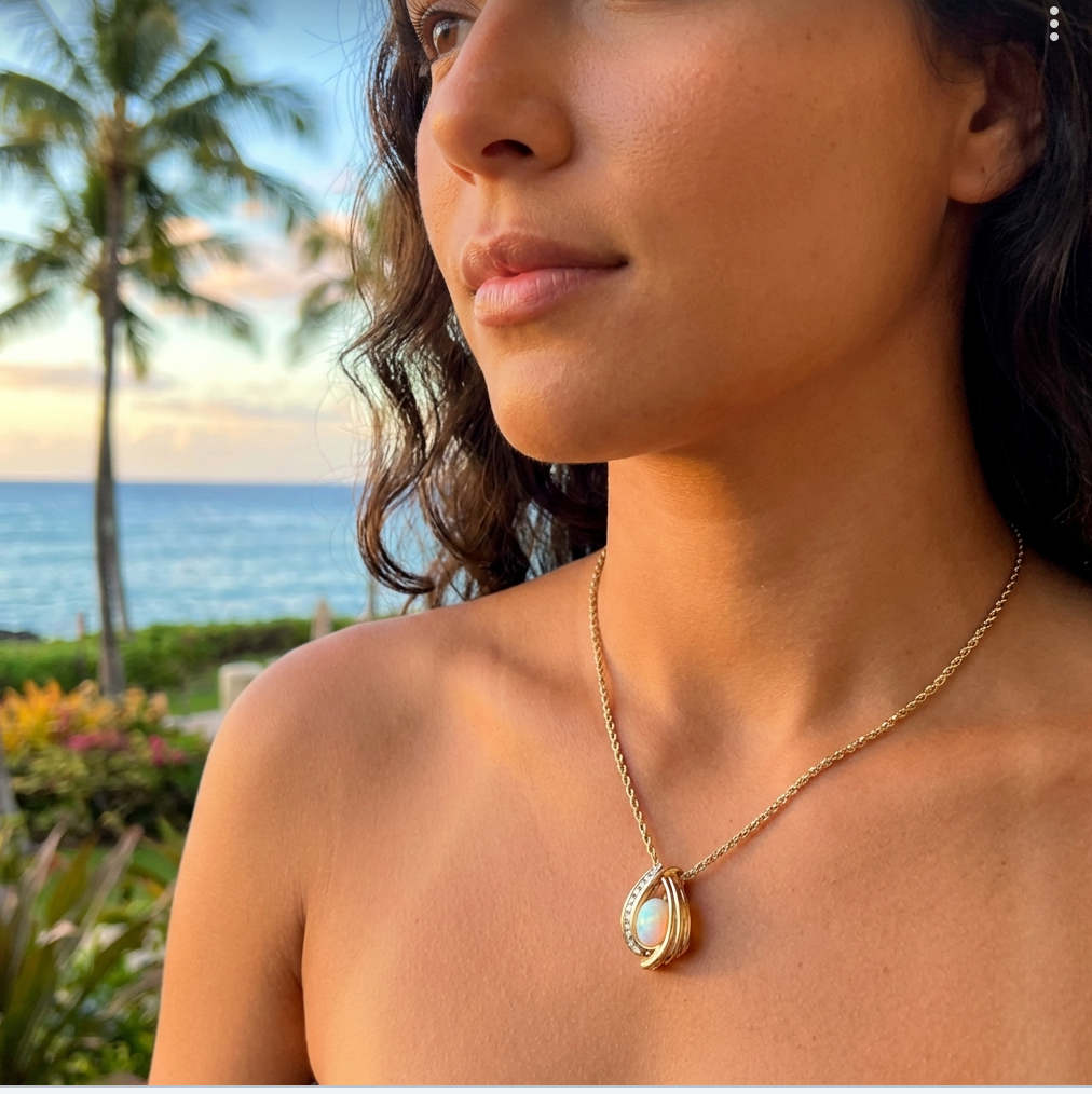 Solid Vintage Australian Opal & Diamond Swirl Pendant in 14K