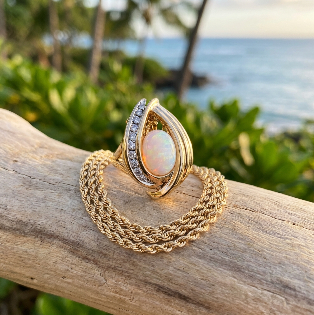 Solid Vintage Australian Opal & Diamond Swirl Pendant in 14K