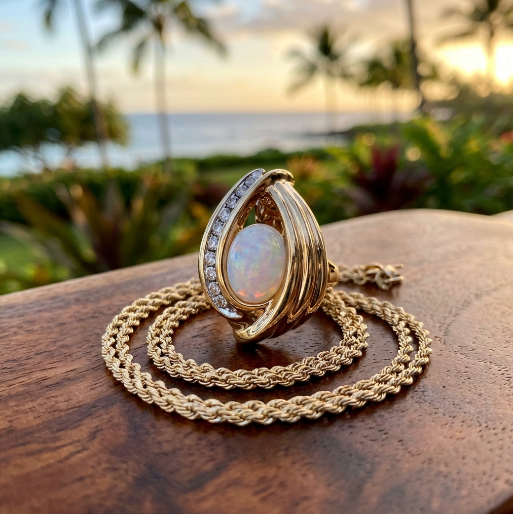 Solid Vintage Australian Opal & Diamond Swirl Pendant in 14K