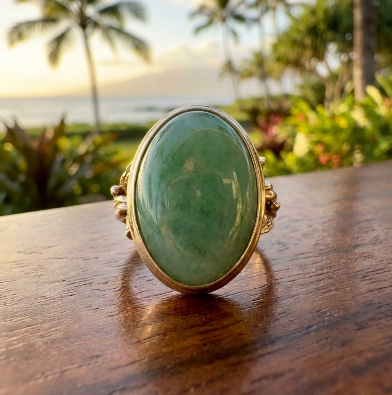 Vintage 14K Jadeite Cabochon Ring In Leaf And Vine Setting