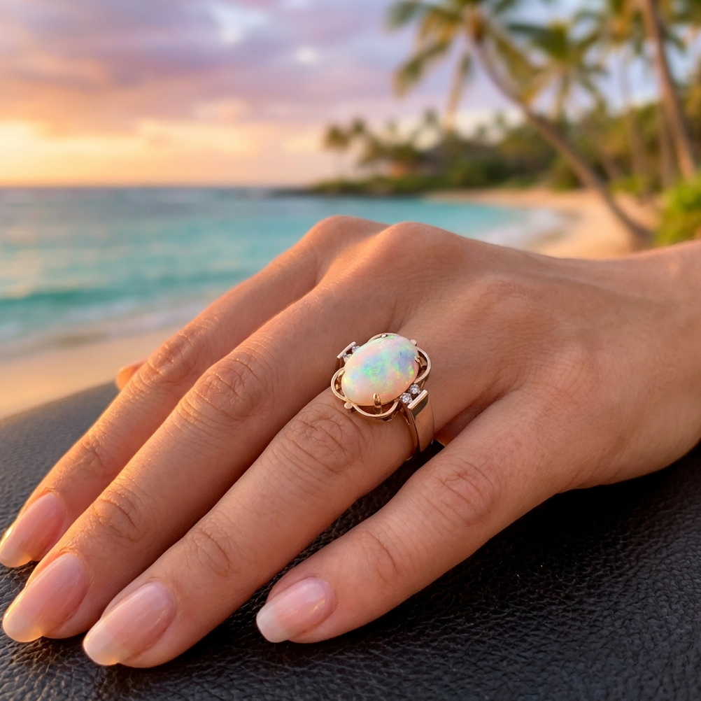 Gorgeous Vintage Australian White Opal with Diamond Accents