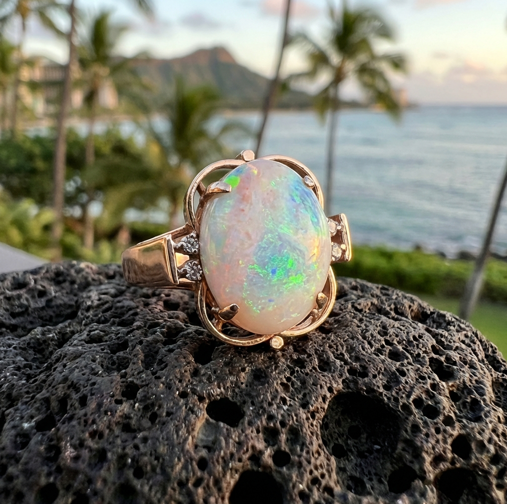 Gorgeous Vintage Australian White Opal with Diamond Accents