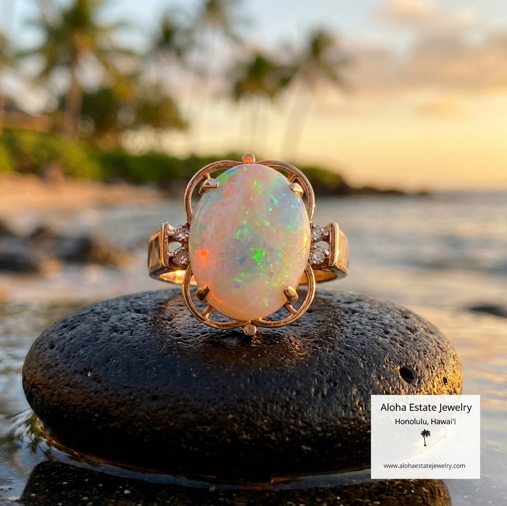 Gorgeous Vintage Australian White Opal with Diamond Accents